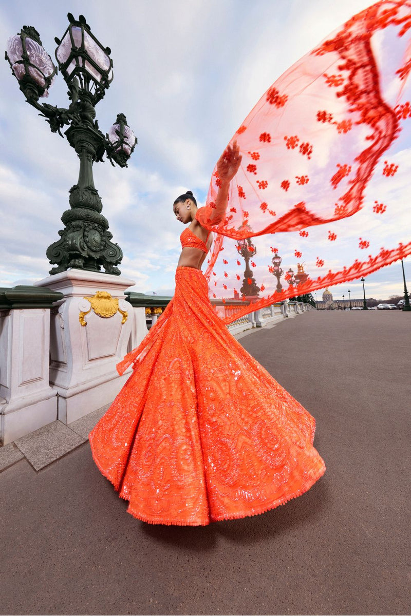 Neon Orange Sequin Lehenga Set