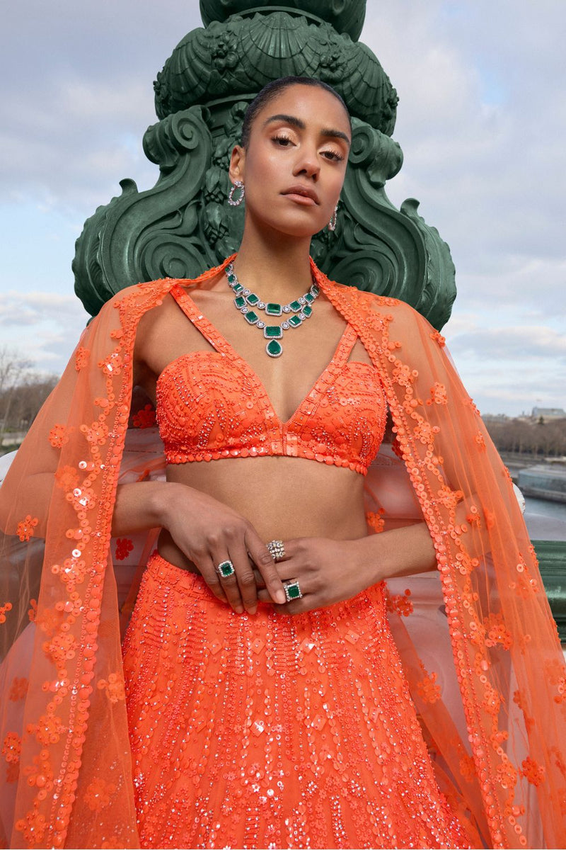 Neon Orange Sequin Lehenga Set