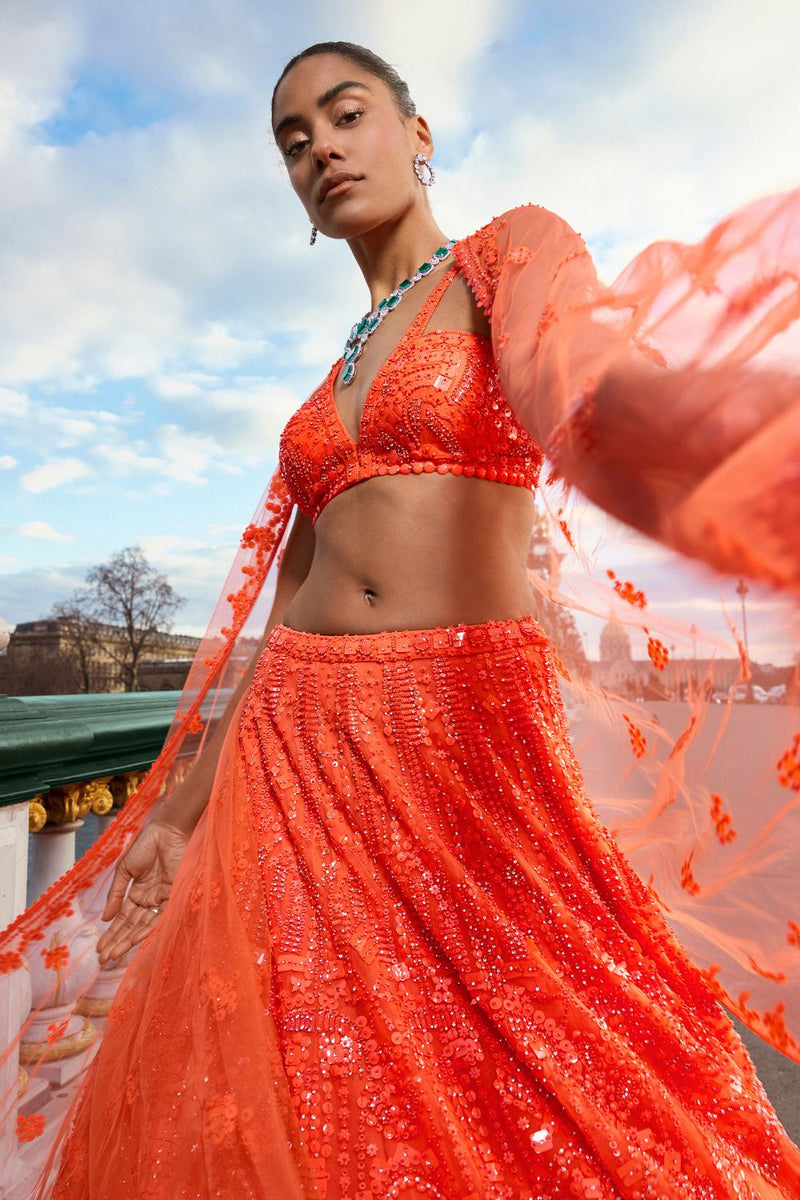 Neon Orange Sequin Lehenga Set