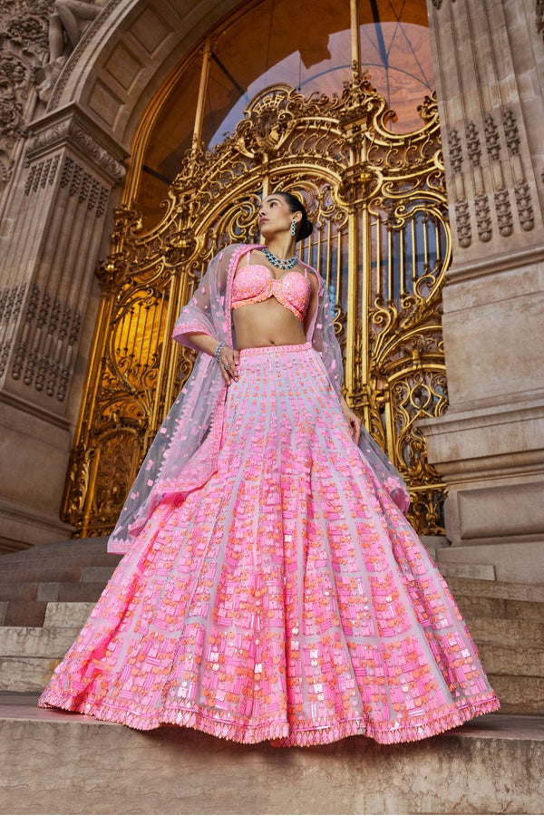 Neon Peach Pink Sequin Lehenga Set