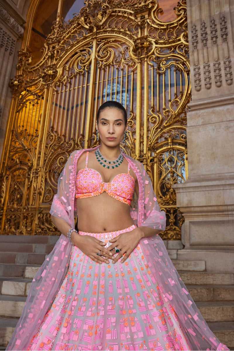 Neon Peach Pink Sequin Lehenga Set