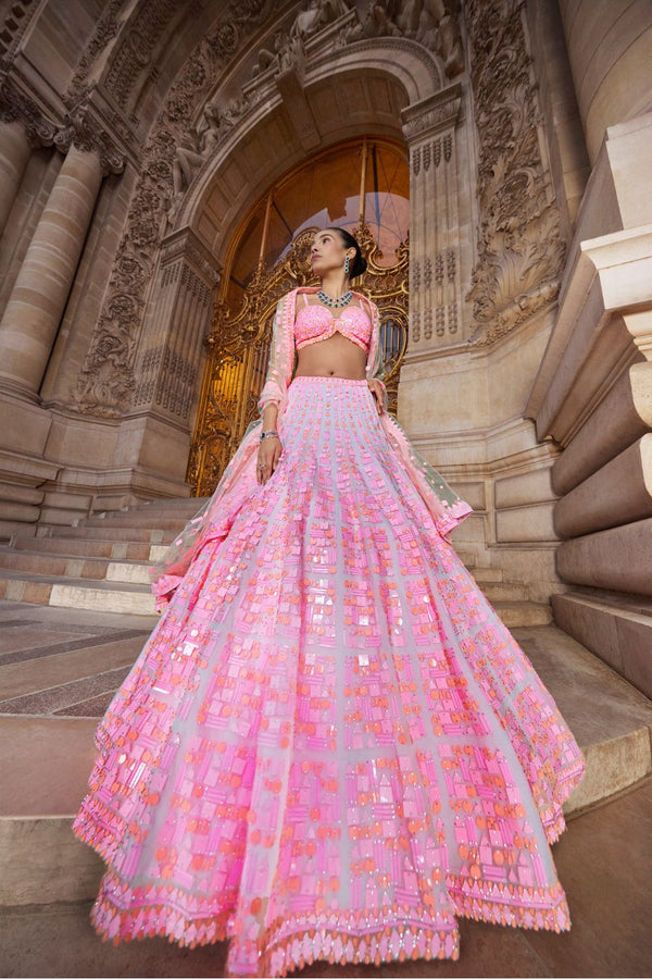 Neon Peach Pink Sequin Lehenga Set