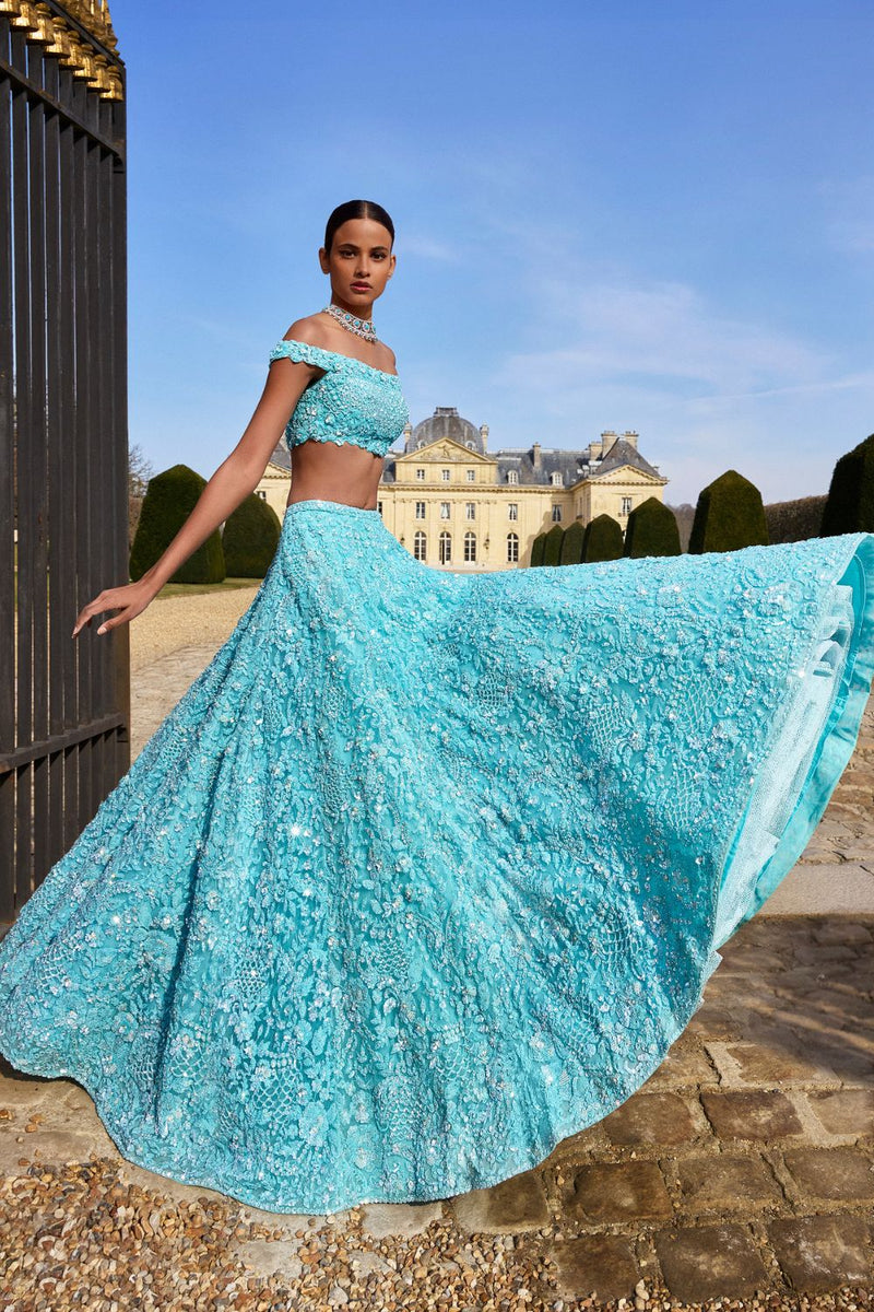 Turquoise Sequin Lehenga Set