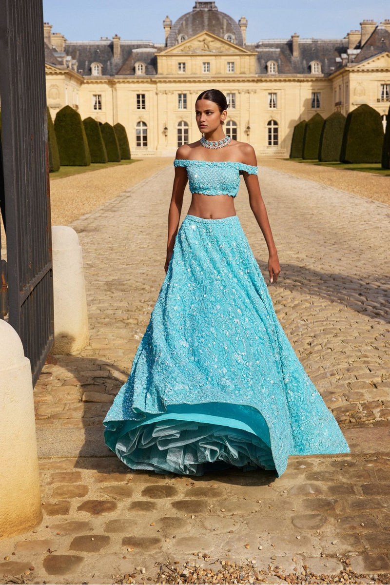 Turquoise Sequin Lehenga Set