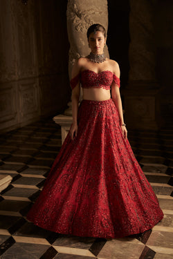 Red Off-Shoulder Lehenga Set