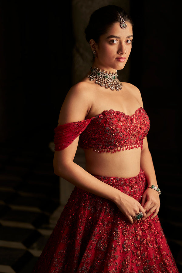 Red Off-Shoulder Lehenga Set