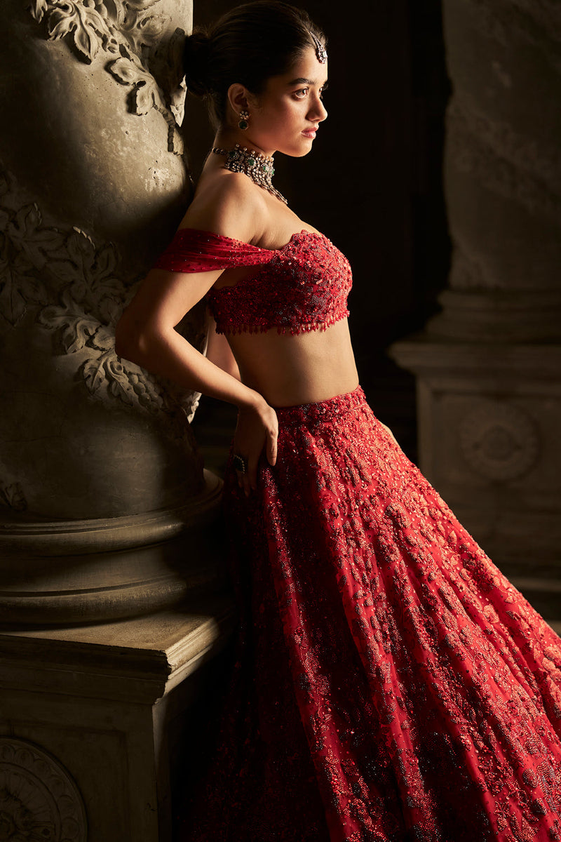 Red Off-Shoulder Lehenga Set