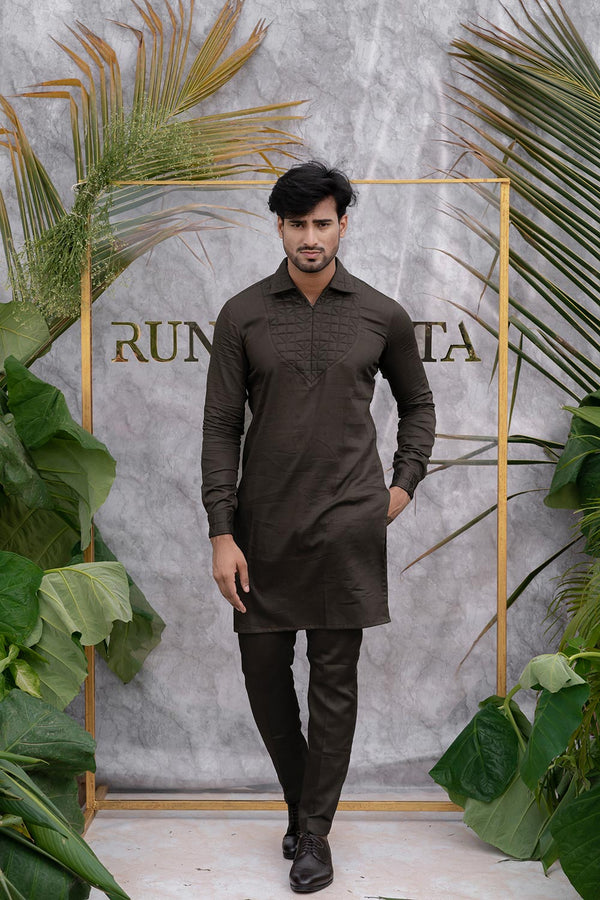 Brown Grey Quilted Kurta Set