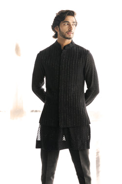 Black Cutdana Nehru Paired With Black Swarovski Kurta