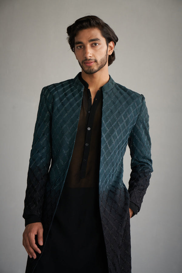 Teal Black Ombre Cutdana Sherwani