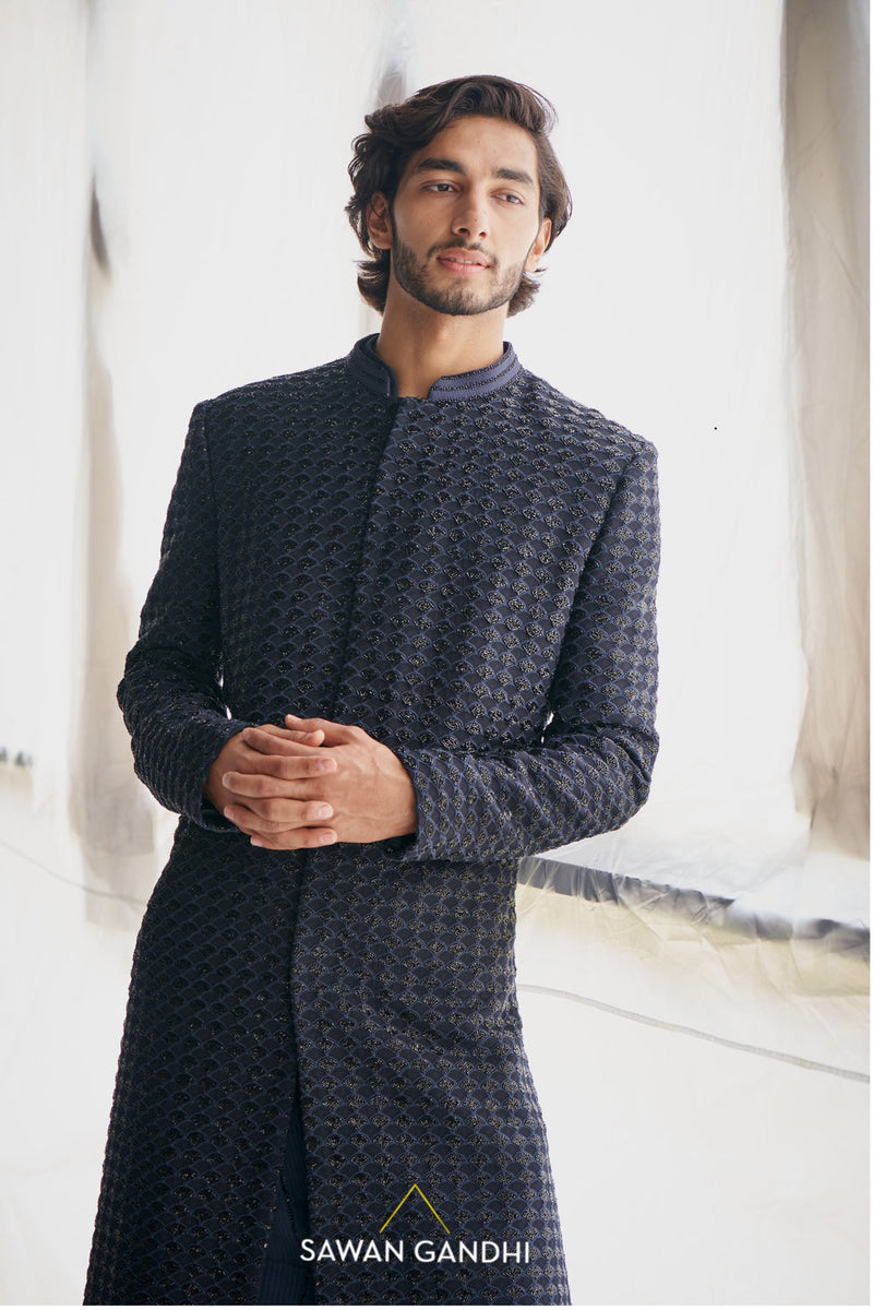 Blue Fish Scale Cutdana Sherwani