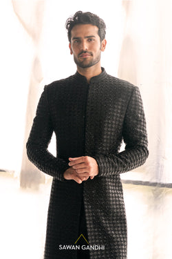 Black Fish Scale Cutdana Sherwani