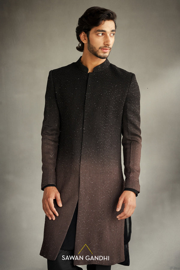 Black To Taupe Ombre Sequins Sherwani
