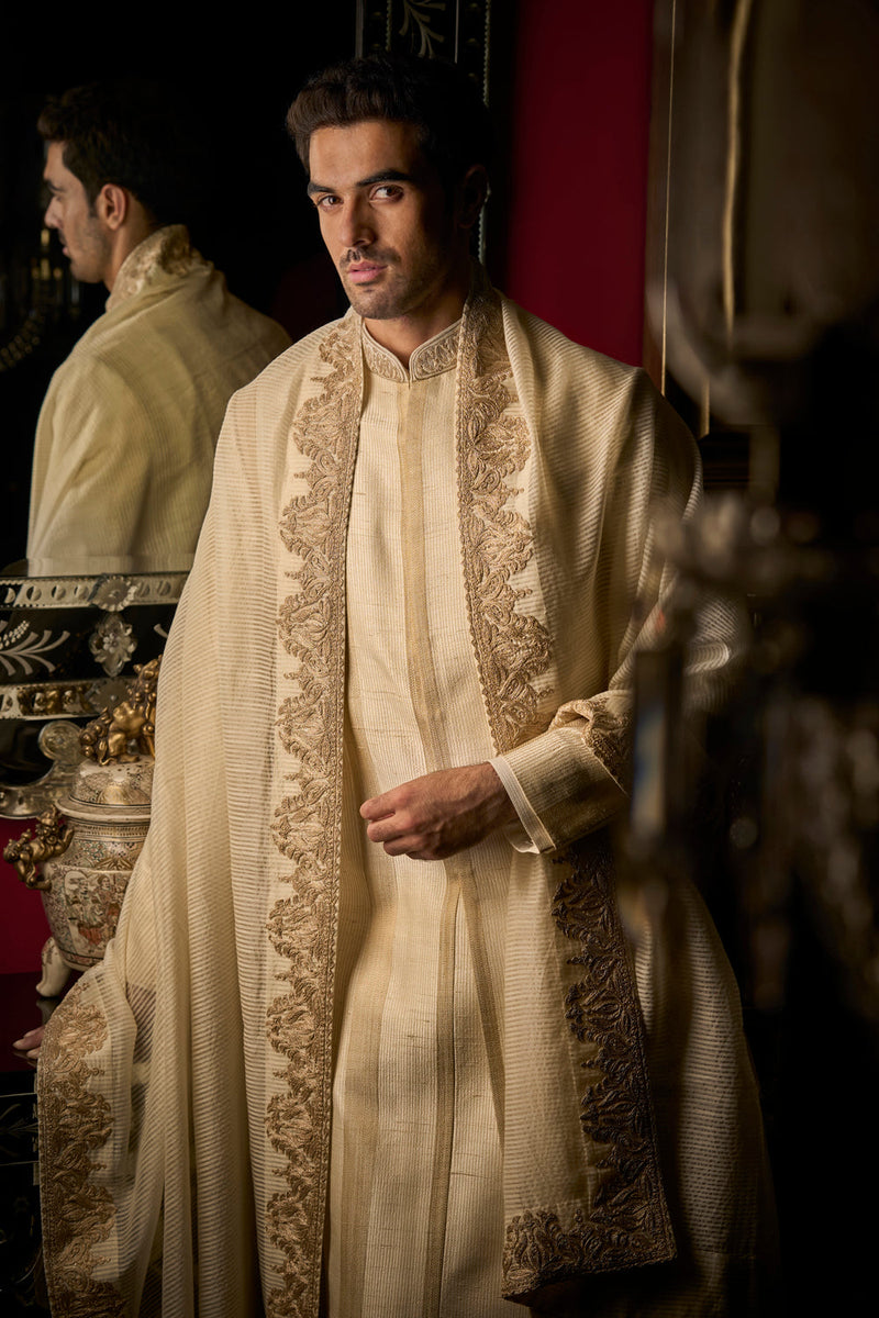 Cream Zari Sherwani Set