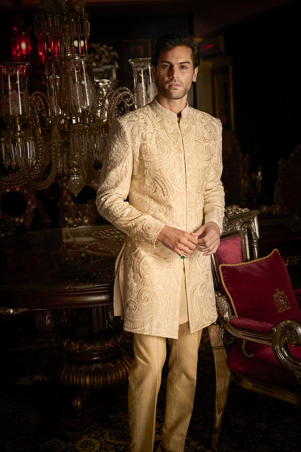 Cream Abstract Sherwani Set