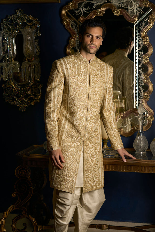 Cream Gold Sherwani Set