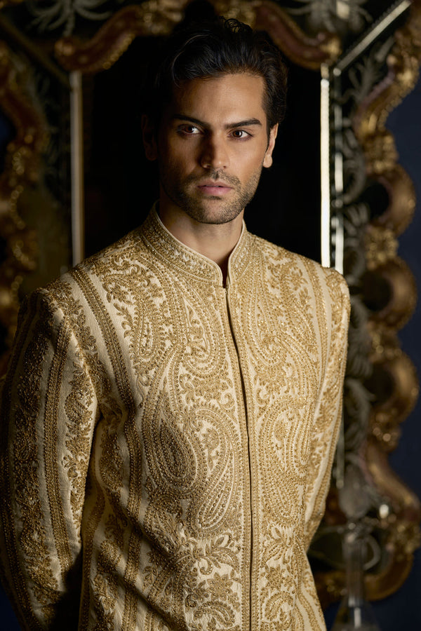 Cream Gold Sherwani Set