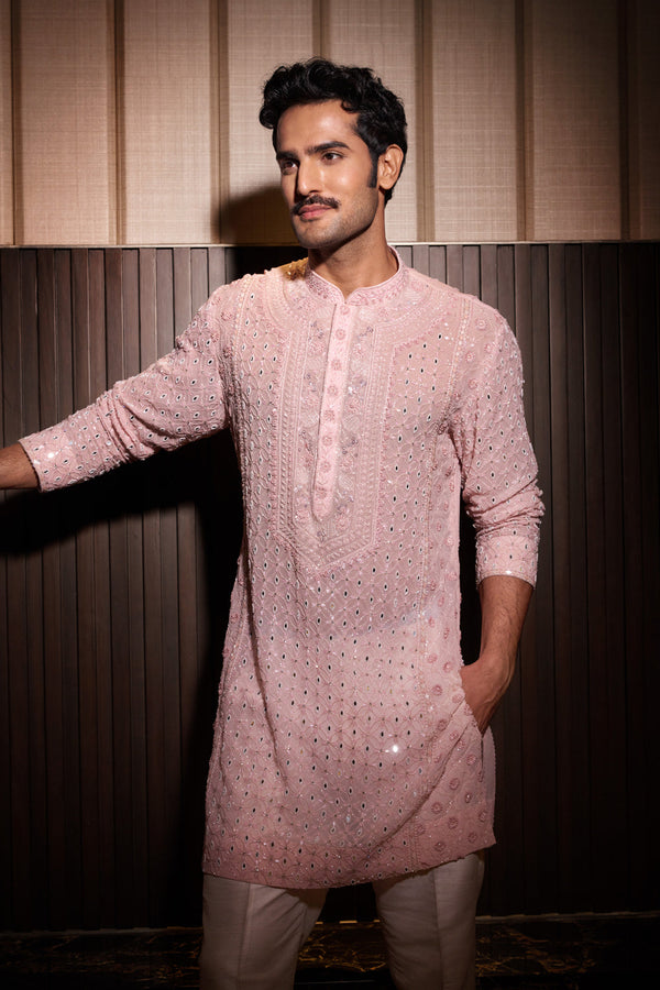 Peach Chikankari Pearl Work Kurta