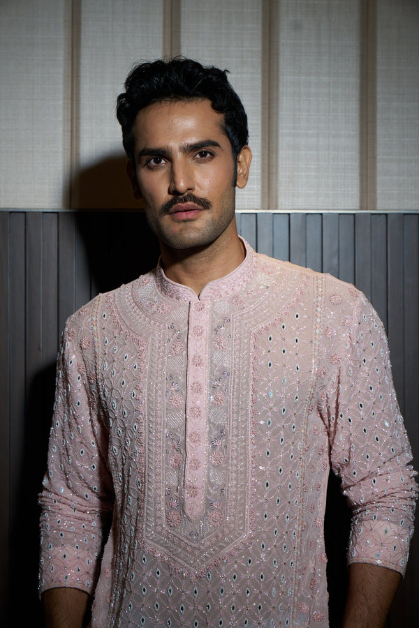 Peach Chikankari Pearl Work Kurta