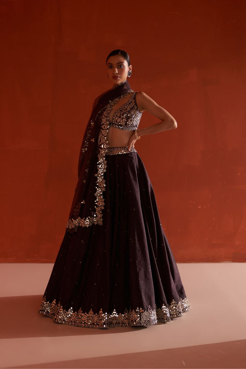 Coffee Raw Silk Lehnga Set