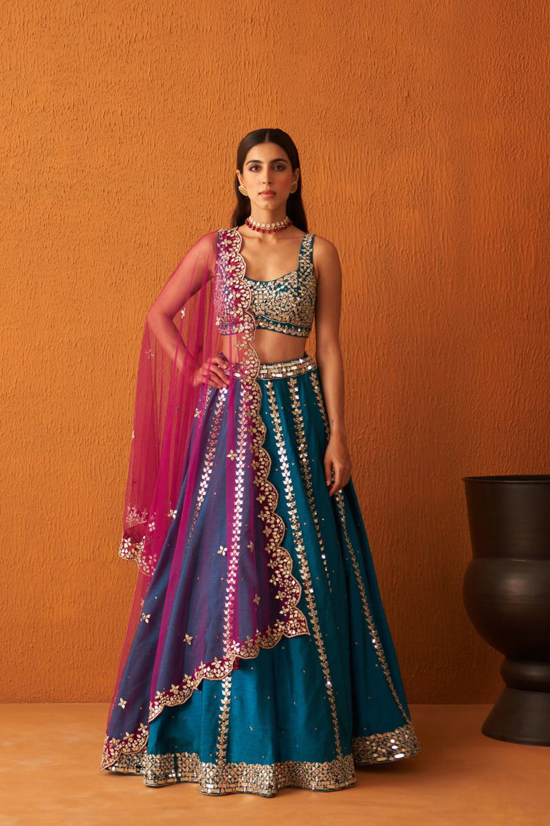 Peacock Blue Raw Silk Lehnga Set