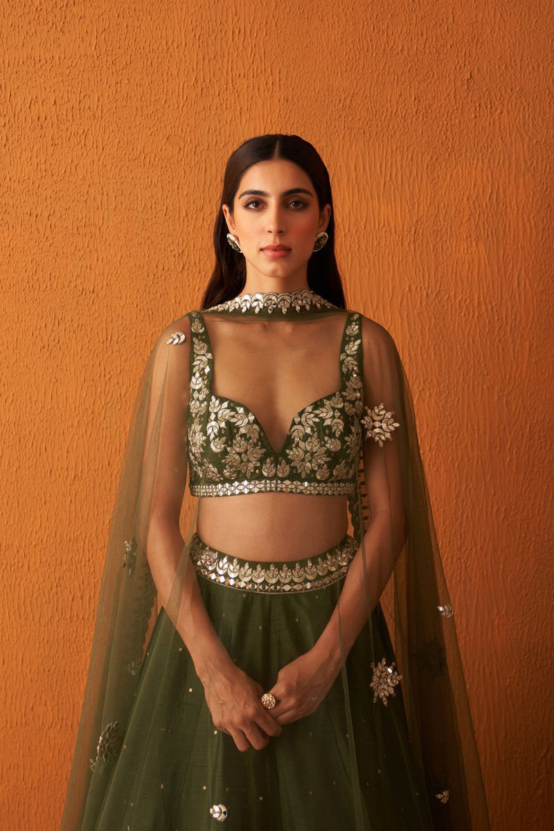 Forest Green Raw Silk Lehnga Set