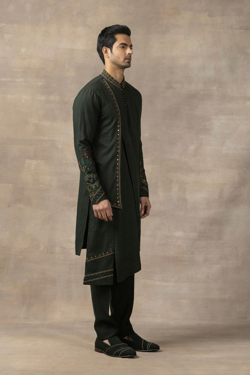 Forest Green Waistcoat With Panel Kurta And Pants