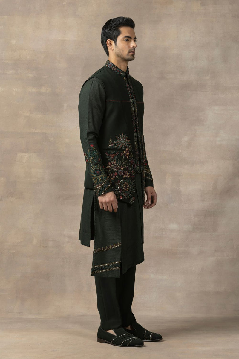 Forest Green Waistcoat With Panel Kurta And Pants