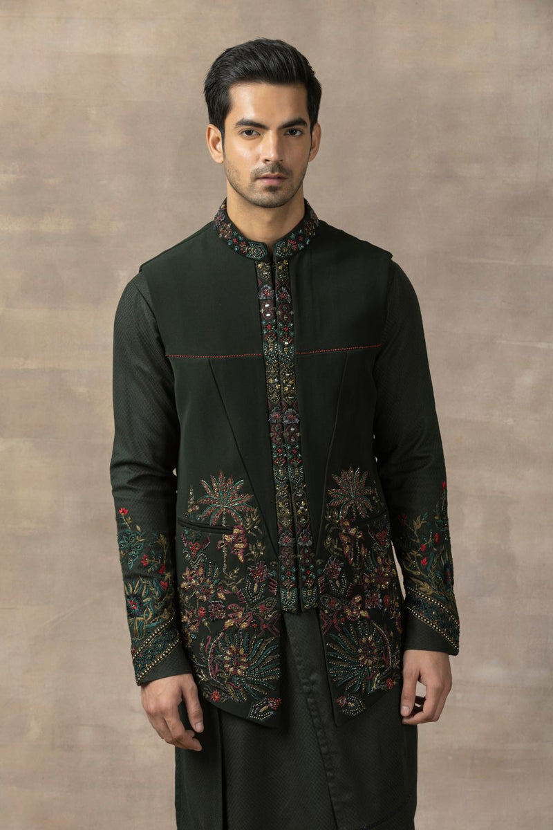 Forest Green Waistcoat With Panel Kurta And Pants