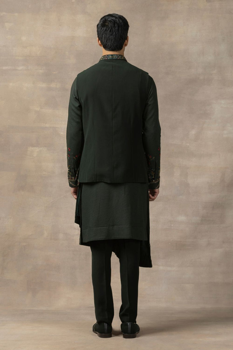 Forest Green Waistcoat With Panel Kurta And Pants