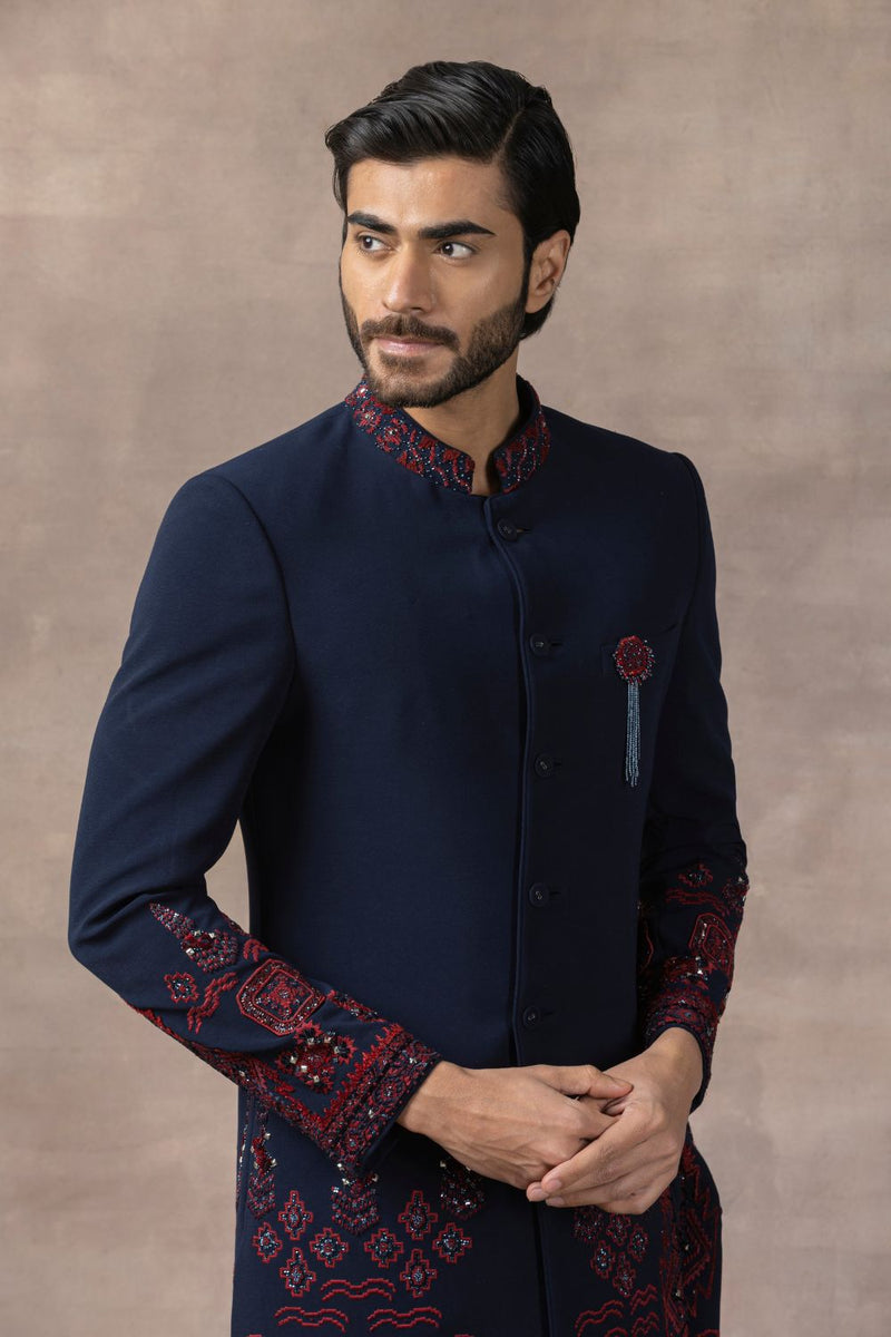 Oxblood Red And Navy Embroiderd Indo-Western