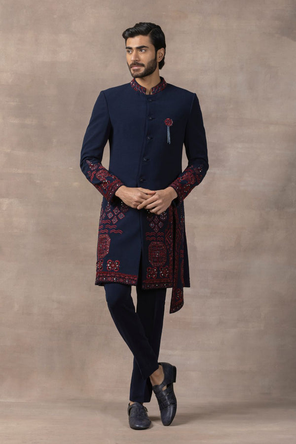 Oxblood Red And Navy Embroiderd Indo-Western