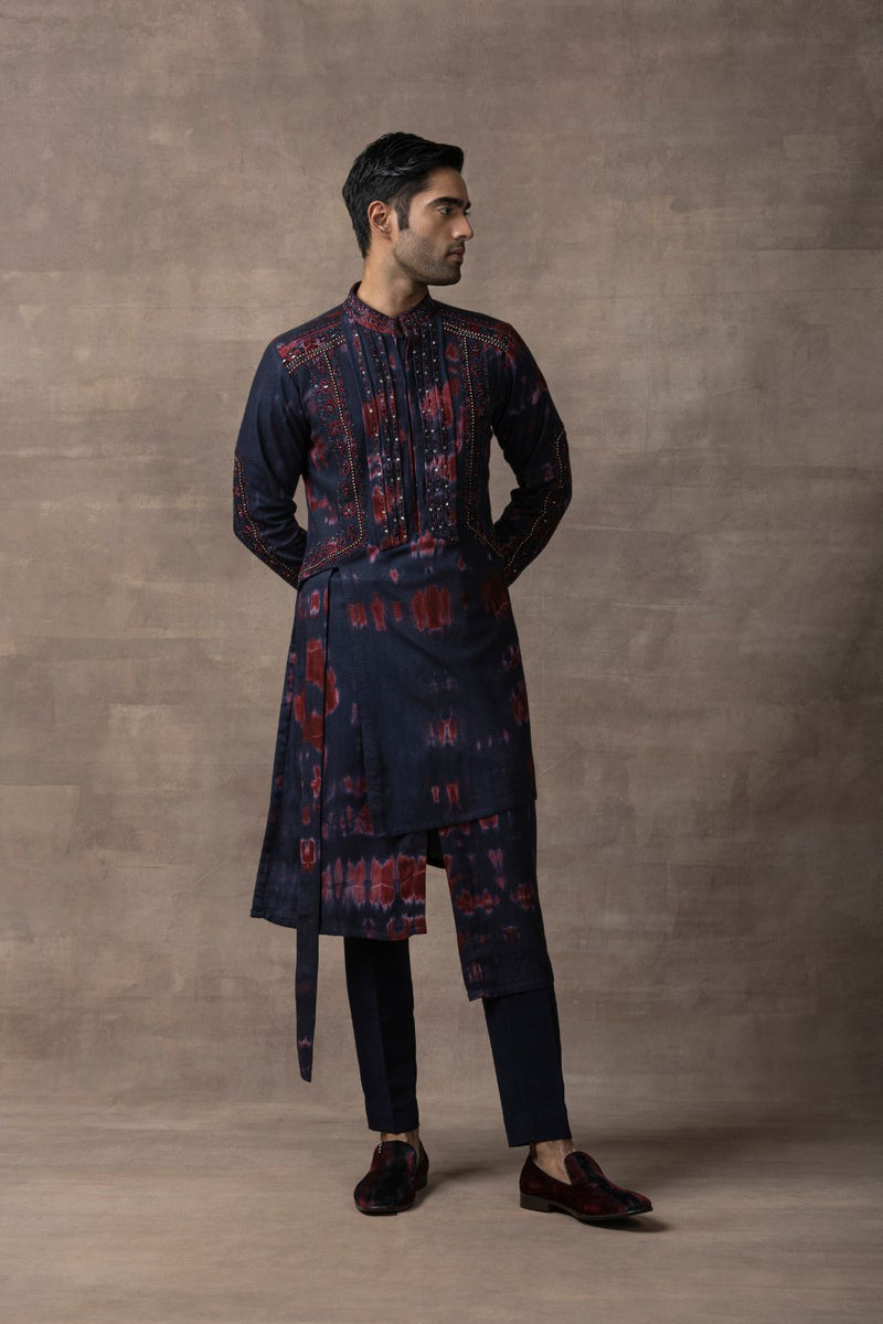 Navy & Red Tie Dye Kurta Set