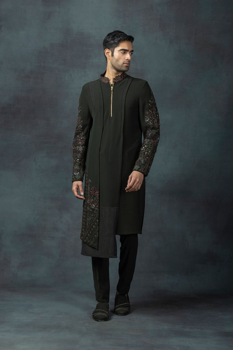 Forest Green Leather Embroidery Kurta Set