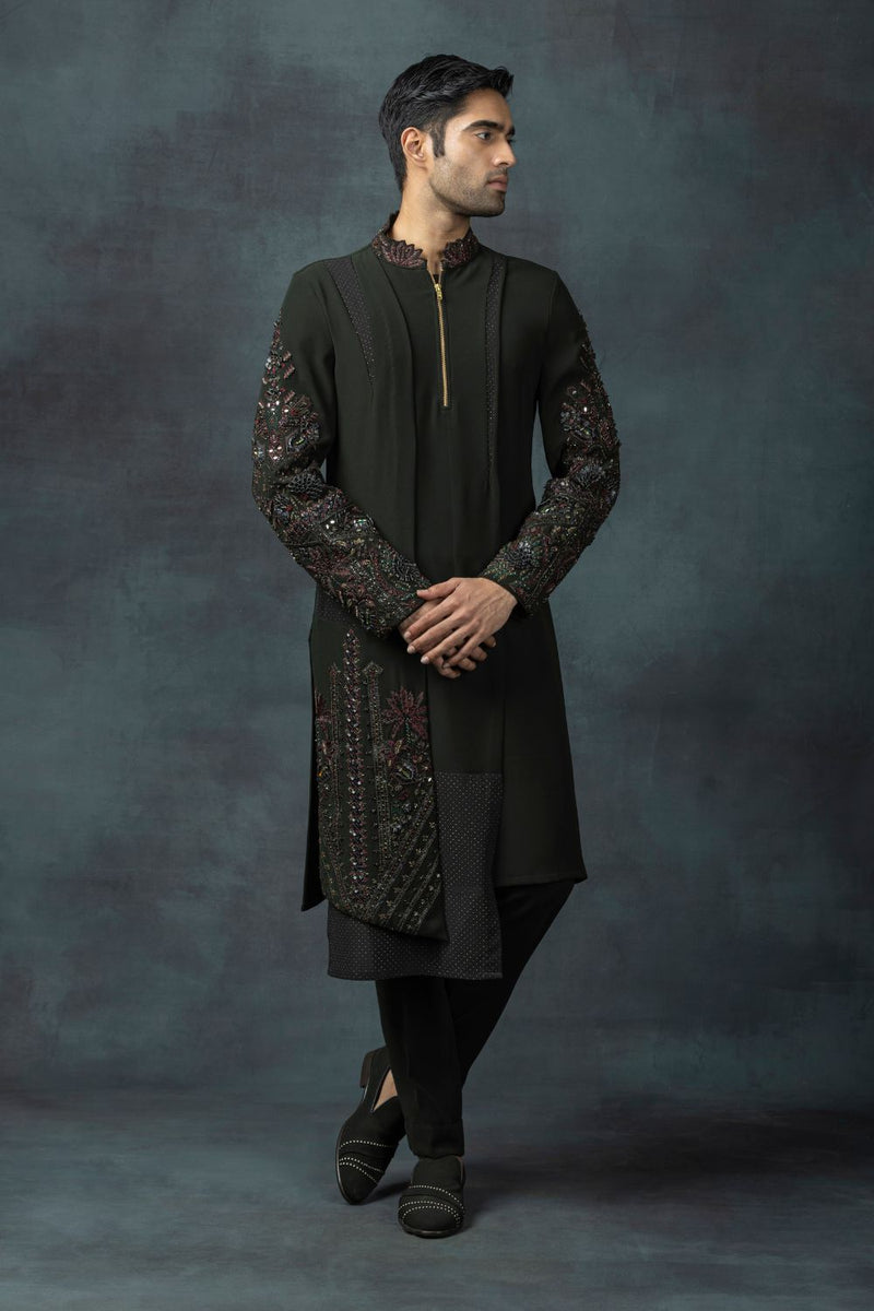 Forest Green Leather Embroidery Kurta Set