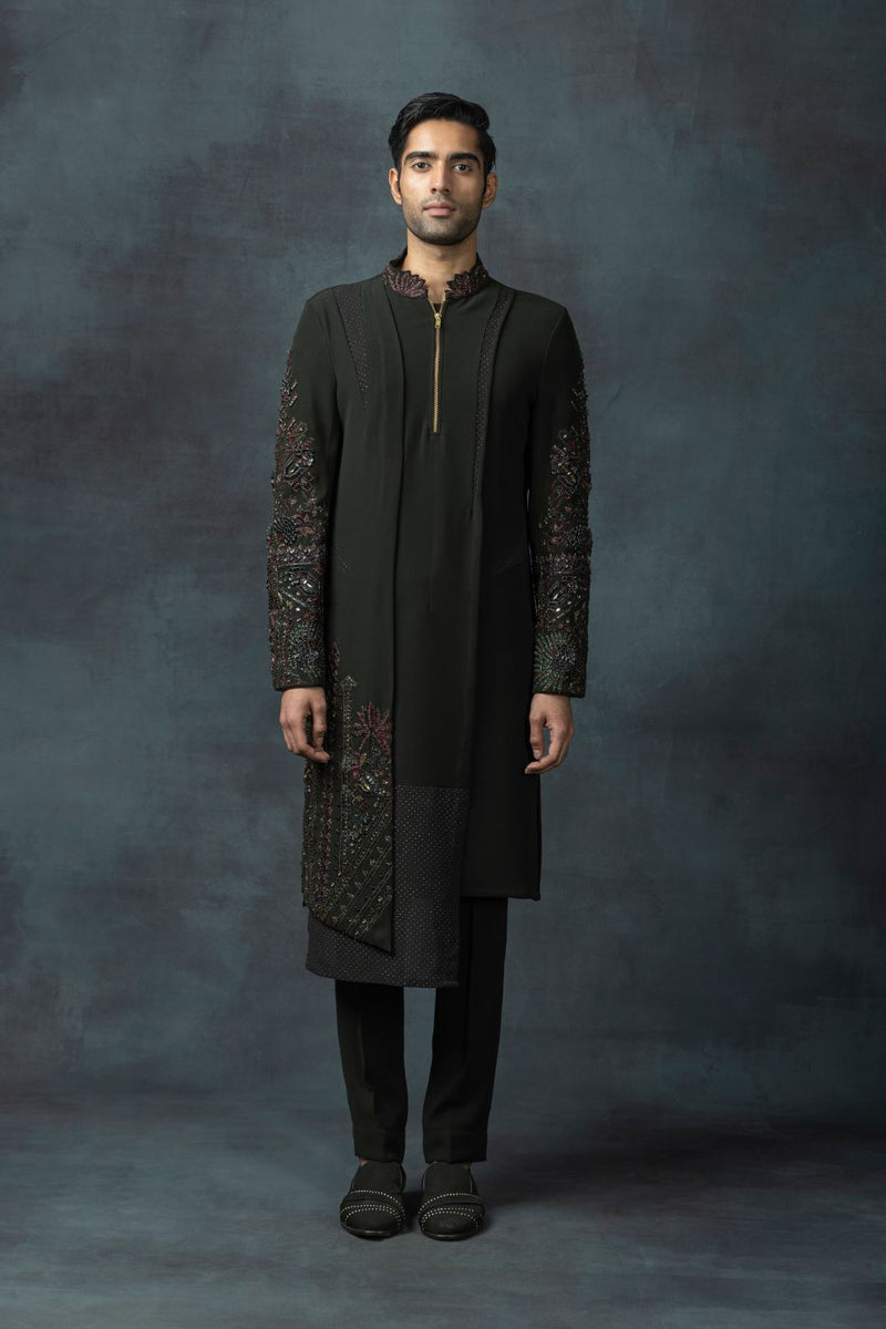 Forest Green Leather Embroidery Kurta Set