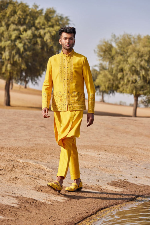 Yellow Waist Coat Set With Floral Thread Work