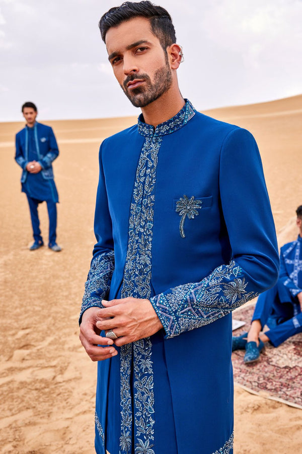 Indigo Blue Front Open Style Indowestern