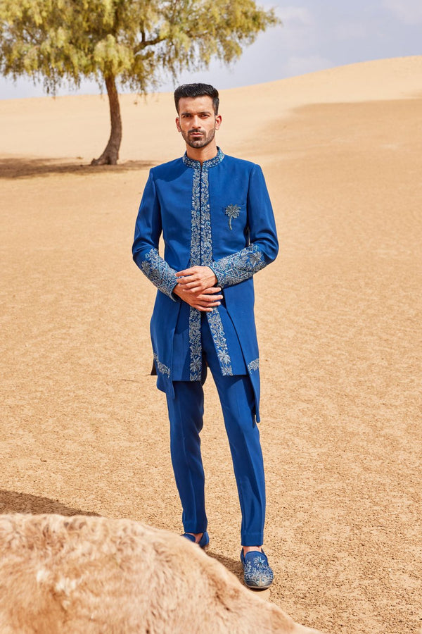 Indigo Blue Front Open Style Indowestern