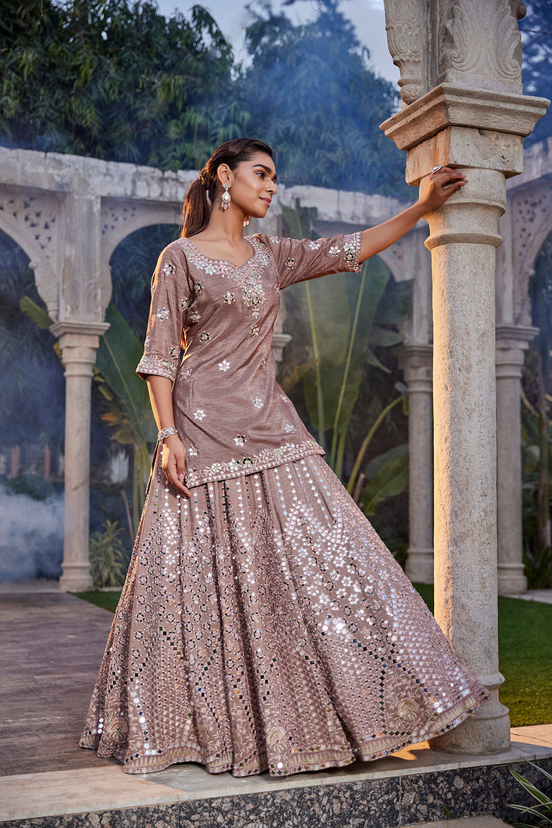 Coffee Mirror Embroidered Kurta, Lehenga And Dupatta Set