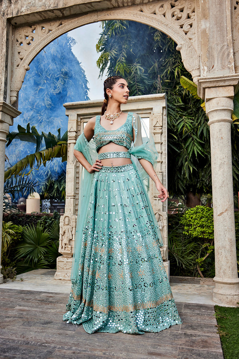 Sea Green Mirror Embroidered Choli, Lehenga And Dupatta Set