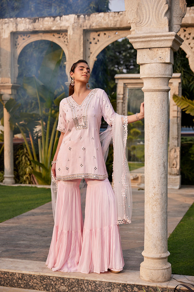 Baby Pink Mirror Embroidered Short Kurta, Sharara And Dupatta Set