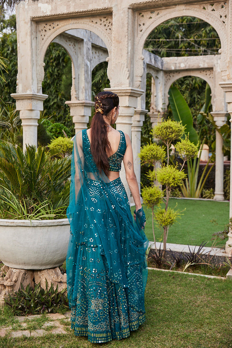 Teal Mirror Embroidered Choli, Lehenga And Dupatta Set