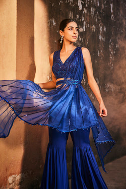 Blue Sharara With Embroidered Choli And Draped Dupatta