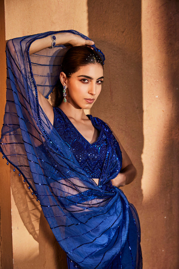 Blue Sharara With Embroidered Choli And Draped Dupatta