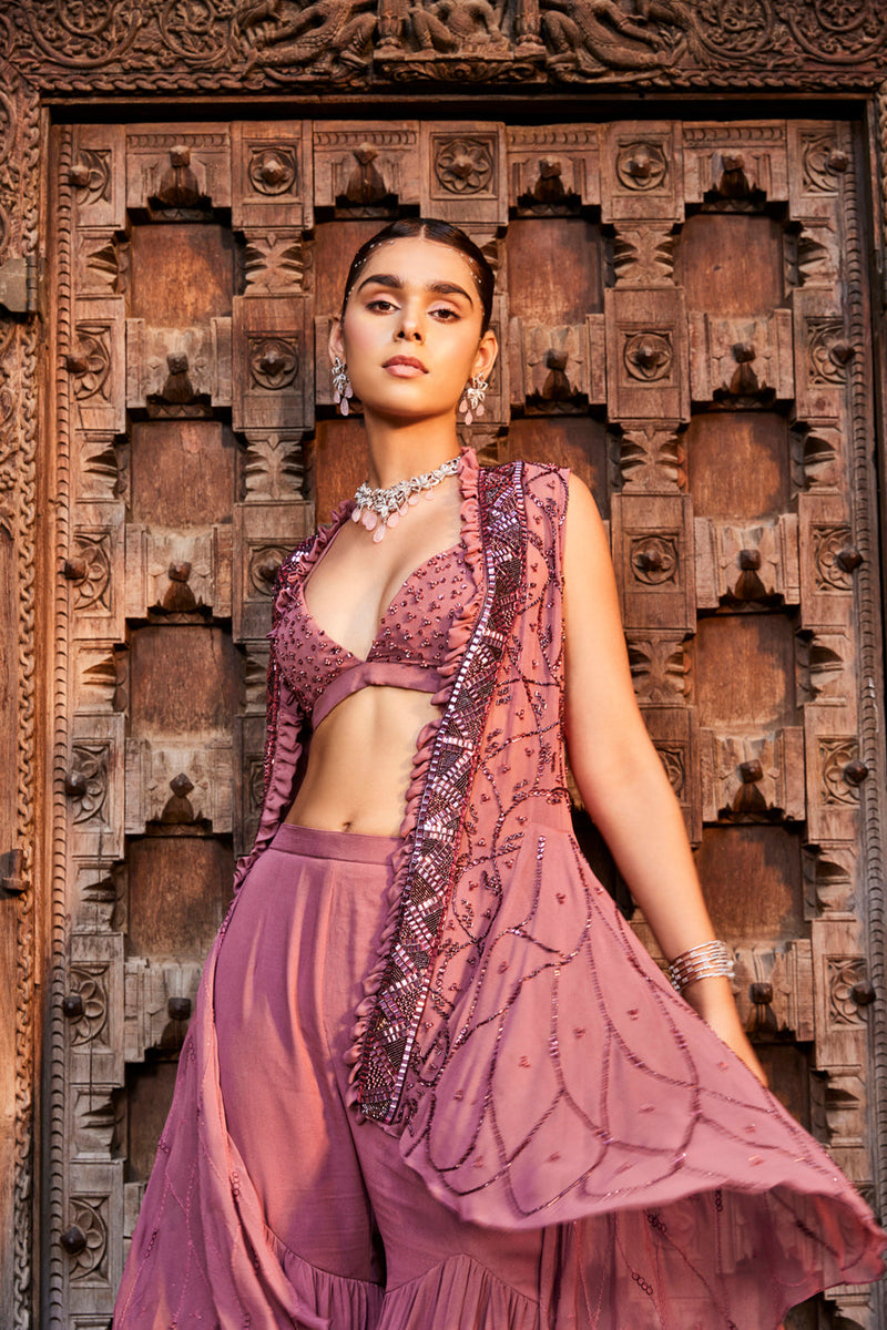 Rose Pink Choli, Jacket And Sharara Set