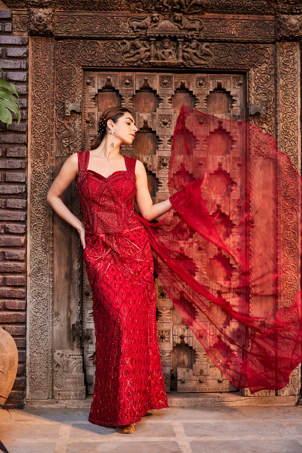Pattern: Embroidered Net Embroidery Red Color Gown at Rs 1095 in Surat