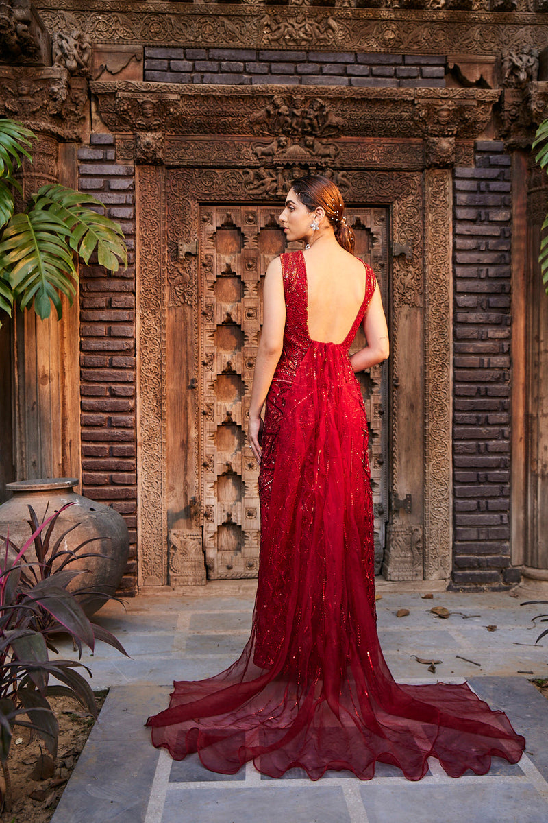 Red Embroidered Cocktail Gown