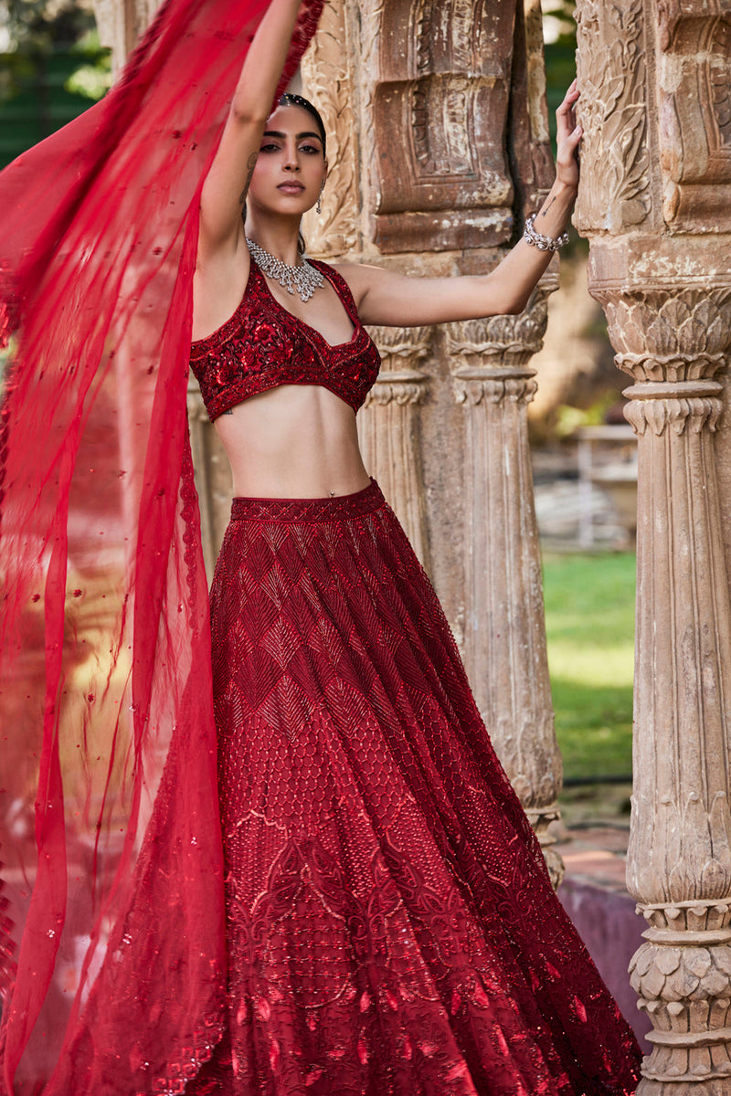 Red Embroidered Lehenga Set