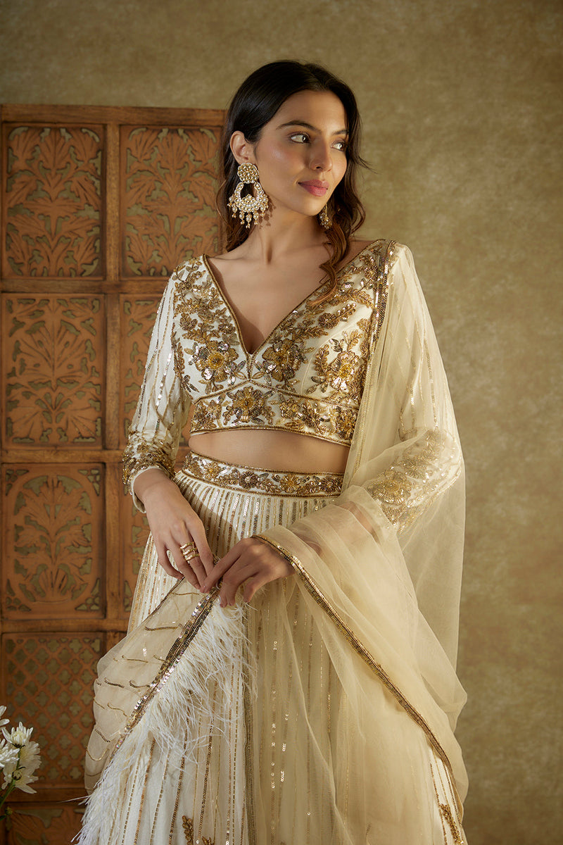 Ivory And Gold Embroidered Lehenga Set